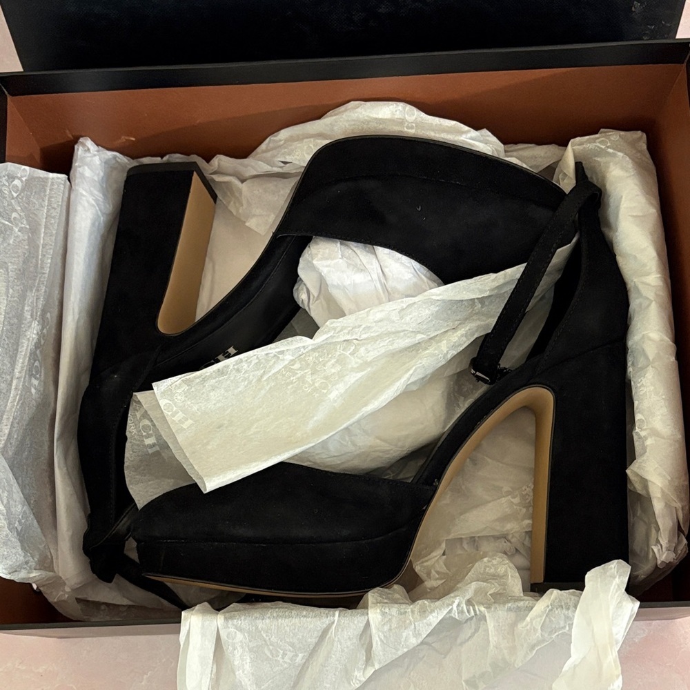NIB Coach Chrystie Lux Suede Black Platform Ankle Strap Heels - Picture 4 of 16